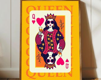 Karta do gry Queen of Hearts Funky Wall Art, różowa i pomarańczowa sztuka ścienna Preppy, dekoracja akademika, estetyczna sztuka ścienna Maximalist Instant Download