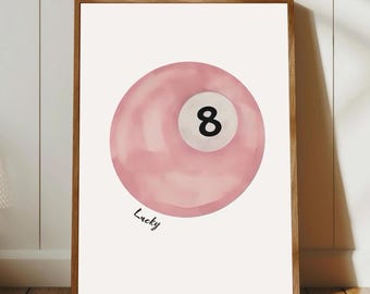 Arte de parede Lucky 8 Ball, impressão de arte de parede de bola de bilhar vintage, decoração retrô positiva de bola de bilhar rosa, decoração rosa moderna, impressão rosa Lucky You