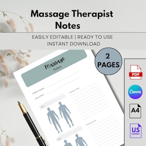 May include: Printable massage therapist notes template with two pages. The template includes space for patient information, date, and therapy notes. The template also includes a silhouette of a person for charting.