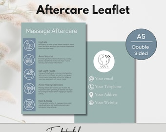May include: A light blue and gray printable A5 leaflet with the title "Massage Aftercare Leaflet". The leaflet provides tips for post-massage care, including hydration, avoiding alcohol, eating light foods, avoiding heavy exercises, and resting and relaxing. The leaflet also includes contact information for a business called "Ann's Holistic Studio".