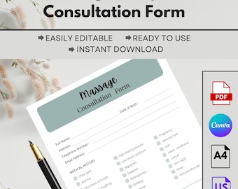Massage Therapy Consultation Form Template: Editable Canva Design (Digital Download)