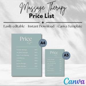 Modèle de liste de prix Liste de prix de massothérapie à téléchargement immédiat Flyer de prix Carte d'affichage des prix pour thérapeute Modèle numérique de liste de prix