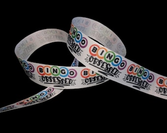 Bingo Obsessed 1" Printed Grosgrain Ribbon, Retirement Wreath Supply, Ornament Trim, Birthday Theme Ribbon, Hobby Supply