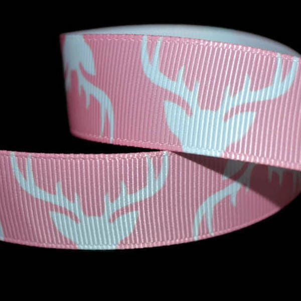 Pink Deer Head 7/8" Printed Grosgrain Ribbon, Antler Ribbon, Rustic Theme Ribbon, Camping Ribbon, Buck Ribbon, Cabin Ribbon, Country Ribbon