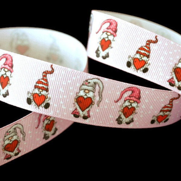 Valentines Day Heart Gnome 1" Printed Grosgrain Ribbon, Gnomies Ribbon, Vintage Truck Ribbon, Gnome Ribbon, Cupid Ribbon, Love Ribbon