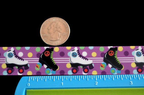 Grosgrain Ribbon Roller Skates Skating on Polka Dot Lavender Peace Sign 7/8" Grosgrain Ribbon Roller Skates Skating on Polka Dot Lavender Peace Sign 7/8"