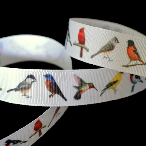 Backyard Birds 7/8" Printed Grosgrain Ribbon, Cardinal Ribbon, Hummingbird Ribbon, Spring Ribbon, Birdwatcher Ribbon, Songbird Ribbon