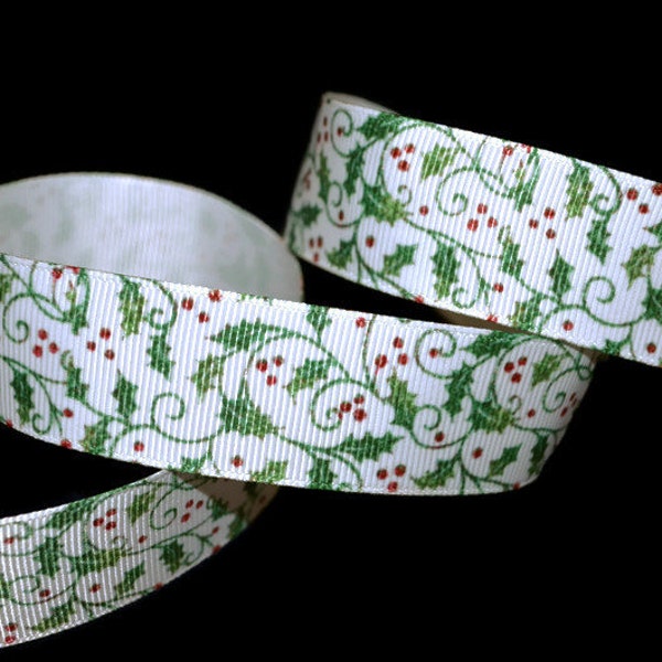 Christmas Holly Berry 1" Printed Grosgrain Ribbon, Holiday Ribbon, Floral Ribbon, Poinsettia Ribbon, Rustic Ribbon, December Ribbon