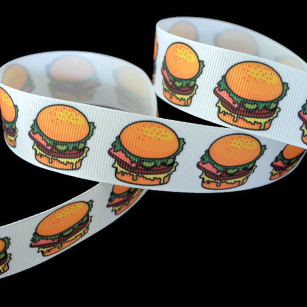 Burger 1" Printed Grosgrain Ribbon, BBQ Ribbon, Father's Day Ribbon, Summer Ribbon, Foodie Ribbon, Grilling Ribbon, Fast Food Ribbon