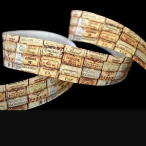 Wine Cork 1&quot; Printed Grosgrain Ribbon , Wine Lover Gift Tie, Stocking Trim, Alcoholic Beverage Ribbon