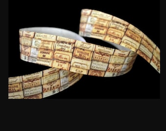 Wine Cork 1" Printed Grosgrain Ribbon , Wine Lover Gift Tie, Stocking Trim, Alcoholic Beverage Ribbon