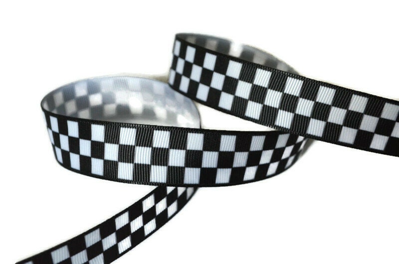 Black White Checkered 7/8 Race Car Printed Grosgrain Ribbon, Car
