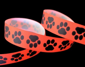 Black Paw Print on Red Background 7/8" Printed Grosgrain Ribbon, Dog Collar Supply