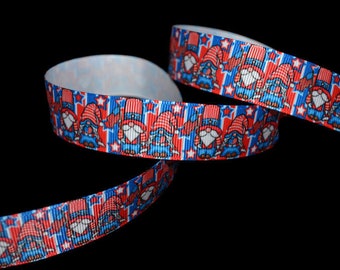 Patriotic Gnome 7/8" Printed Grosgrain Ribbon, Holiday Ribbon, 4th of July Ribbon, Gnomies Ribbon, Red White Blue Ribbon, USA Ribbon