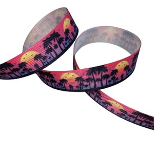 Tropical Palm Tree Sunset 7/8&quot; Printed Grosgrain Ribbon, Beach Vacation Trim, Retirement Party Decor