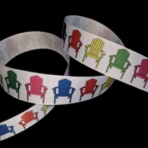 Multicolored Beach Recreation Chair 1&quot; Printed Grosgrain Ribbon, Retirement Party Trim, Coastal Lake Ribbon, Vacation Supply
