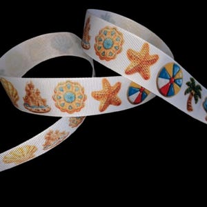 Summer Beach Theme Decorated Cookie 1&quot; Printed Grosgrain Ribbon, Nautical Kitchen Tree Decor, Vacation Trim, 4th of July Ribbon