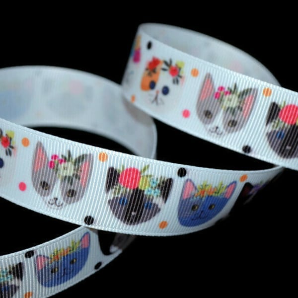 Cat Face 7/8" Printed Grosgrain Ribbon, Feline Ribbon, Meow Ribbon, Flower Crown Ribbon, Rescue Ribbon, Cat Mom Ribbon, Pet Ribbon