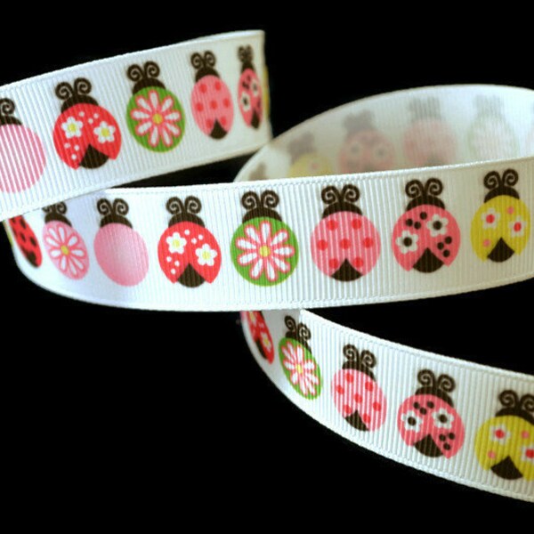 Multicolored Lady Bug 7/8" Printed Grosgrain Ribbon, Bug Birthday Party Supply, Baby Shower Ribbon