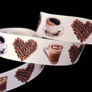 Coffee Bean Latte Love 7/8" Printed Grosgrain Ribbon, Tea Ribbon, Coffee Wedding Favor, Breakfast Ribbon, Caffeine Ribbon, Beverage Ribbon
