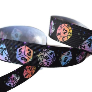 Gaming Dice 1&quot; Printed Grosgrain Ribbon, Role Playing Game Ribbon, Super Hero Ribbon, Cosplay Ribbon, D20 Ribbon, Geek Ribbon, Nerd Ribbon
