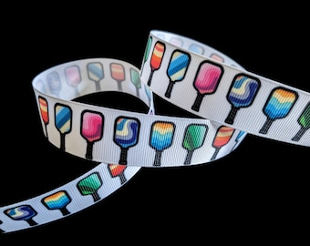Multicolored Patterned Pickleball Paddle Racket 1" Printed Grosgrain Ribbon, Sports Team Ribbon