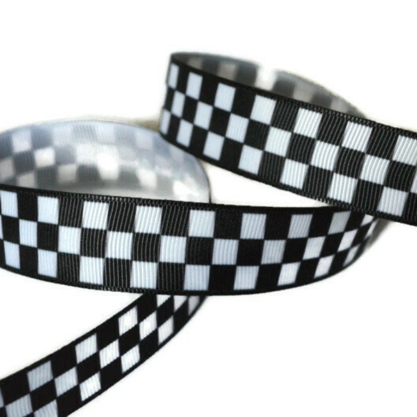 Black White Checkered 7/8" Race Car Printed Grosgrain Ribbon, Car Racing Ribbon, Flag Ribbon, Checkerboard Ribbon, Finish Flag Ribbon