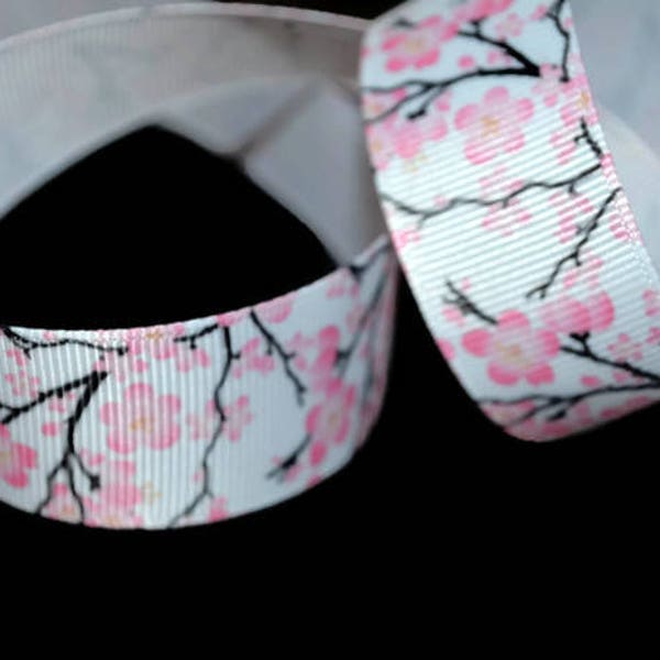 Pink Cherry Blossom 1" Printed Grosgrain Ribbon, Pink Flower Ribbon, Floral Ribbon, Japanese Flower,  Elegant Ribbon, Spring Ribbon