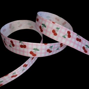 Cherries on Pink Gingham Plaid Background 7/8&quot; Printed Grosgrain Ribbon, Kitchen Tree Trim, Summer Picnic Wreath Supply