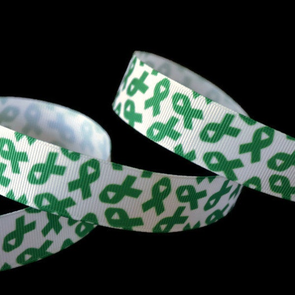 Green Awareness 7/8" Printed Grosgrain Ribbon, Cancer Ribbon, Mental Health Ribbon, Support Ribbon, Disease Awareness Ribbon, Veteran Ribbon