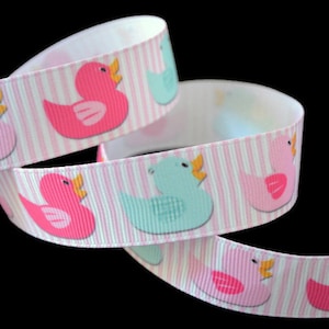 Rubber Duck Pink Striped Background Printed Grosgrain Ribbon, Baby Shower Ribbon, Nursery Ribbon, Diaper Cake Ribbon, Duckling Ribbon
