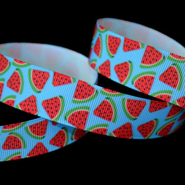 Watermelon Slices on Blue Background 7/8" Printed Grosgrain Ribbon, Summer Ribbon, Picnic Ribbon, Fruit Ribbon, 4th of July Ribbon