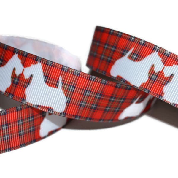 Scottie Dog Plaid 7/8" Printed Grosgrain Ribbon, Tartan Plaid Ribbon, Dog Collar Ribbon, Dog Breed Ribbon, Christmas Dog Ribbon