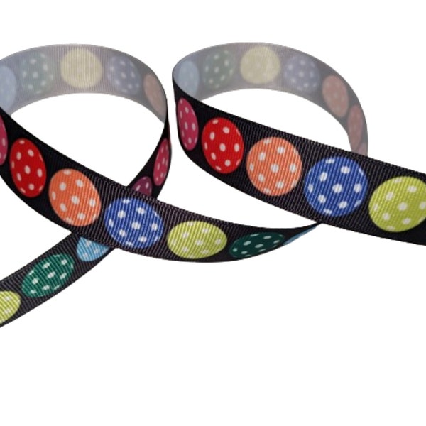 Pickleball Multi Colored Ball on Black 7/8" Printed Grosgrain Ribbon, Sports Theme Trim, Retirement Party Decor