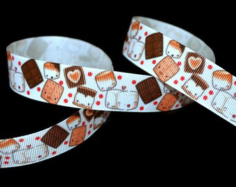 Kawaii Smores 7/8" Printed Grosgrain Ribbon, Camping Ribbon, Dessert Ribbon, BBQ Ribbon, Vacation Ribbon, Campfire Ribbon, Smore Ribbon
