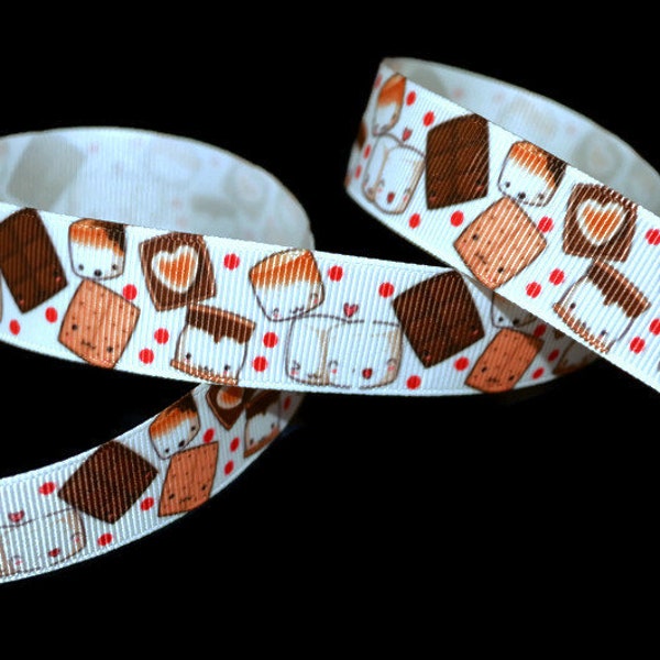 Kawaii Smores 7/8" Printed Grosgrain Ribbon, Camping Ribbon, Dessert Ribbon, BBQ Ribbon, Vacation Ribbon, Campfire Ribbon, Smore Ribbon