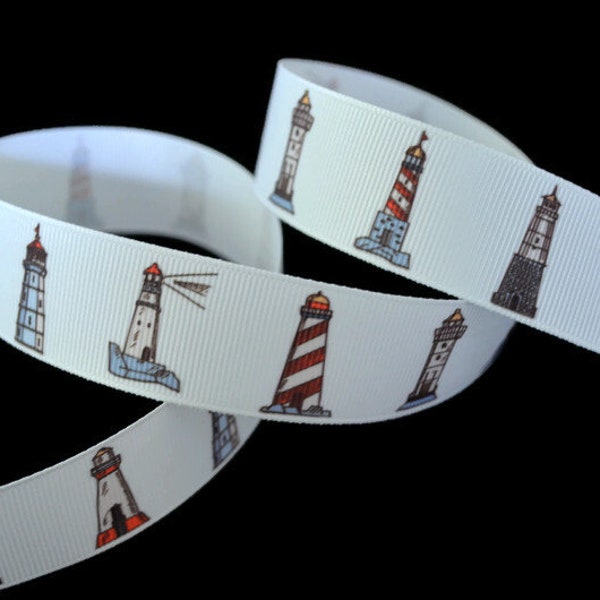 Lighthouse 1" Printed Grosgrain Ribbon, Nautical Ribbon, Beach Ribbon, Summer Ribbon, Sailing Ribbon, Maritime Ribbon, Sea Tower Ribbon