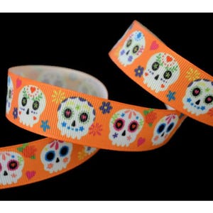 Sugar Skull Day of the Dead 7/8&quot; Printed Grosgrain Ribbon, Halloween Ribbon, All Souls Day Ribbon, Dia de Muertos Ribbon
