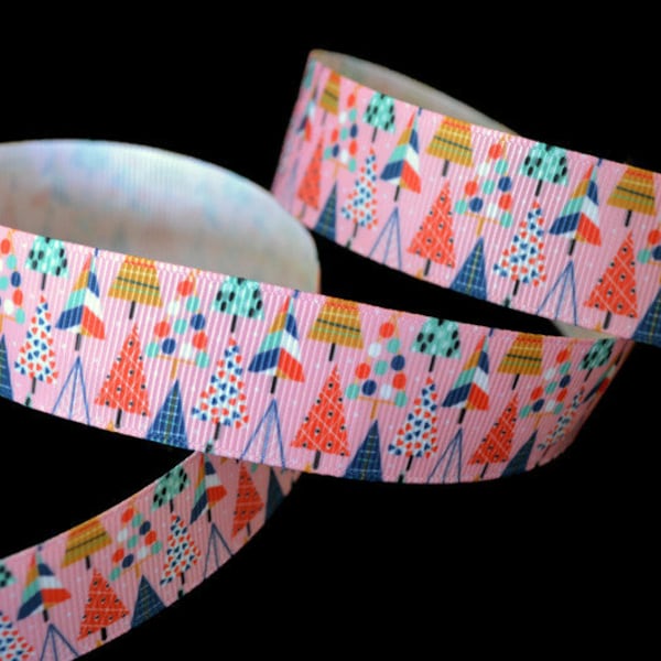 Pink Christmas Tree 1" Printed Grosgrain Ribbon, Pastel Holiday Ribbon. Gingerbread Ribbon, Holiday Polka Dot Ribbon, Candy Cane Ribbon