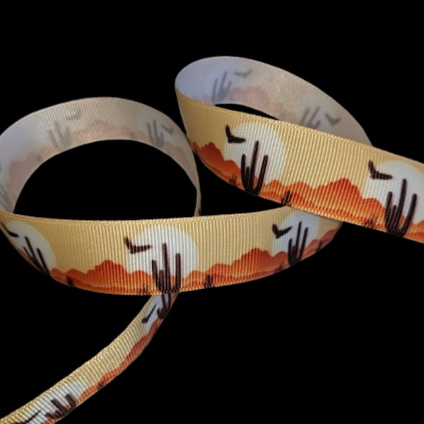 Desert Mountain Cactus Landscape 7/8" Printed Grosgrain Ribbon, Western Supply, Horse Show Trim, United States Ribbon, Southwestern Theme