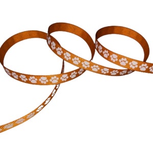 White Paws on Orange Background 3/8&quot; Printed Grosgrain Ribbon, Team Pride Trim, Ribbon Wreath Supply