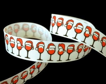 Santa Hat Wine Glass 1" Printed Grosgrain Ribbon, Alcoholic Ribbon, Culinary Ribbon, Foodie Ribbon, Beer Ribbon, Wine Love Ribbon