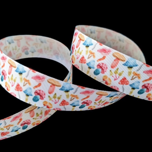 Multi Colored Assorted Pattern Mushroom 1" Printed Grosgrain Ribbon, Woodland Animal Ribbon, Baby Shower Ribbon