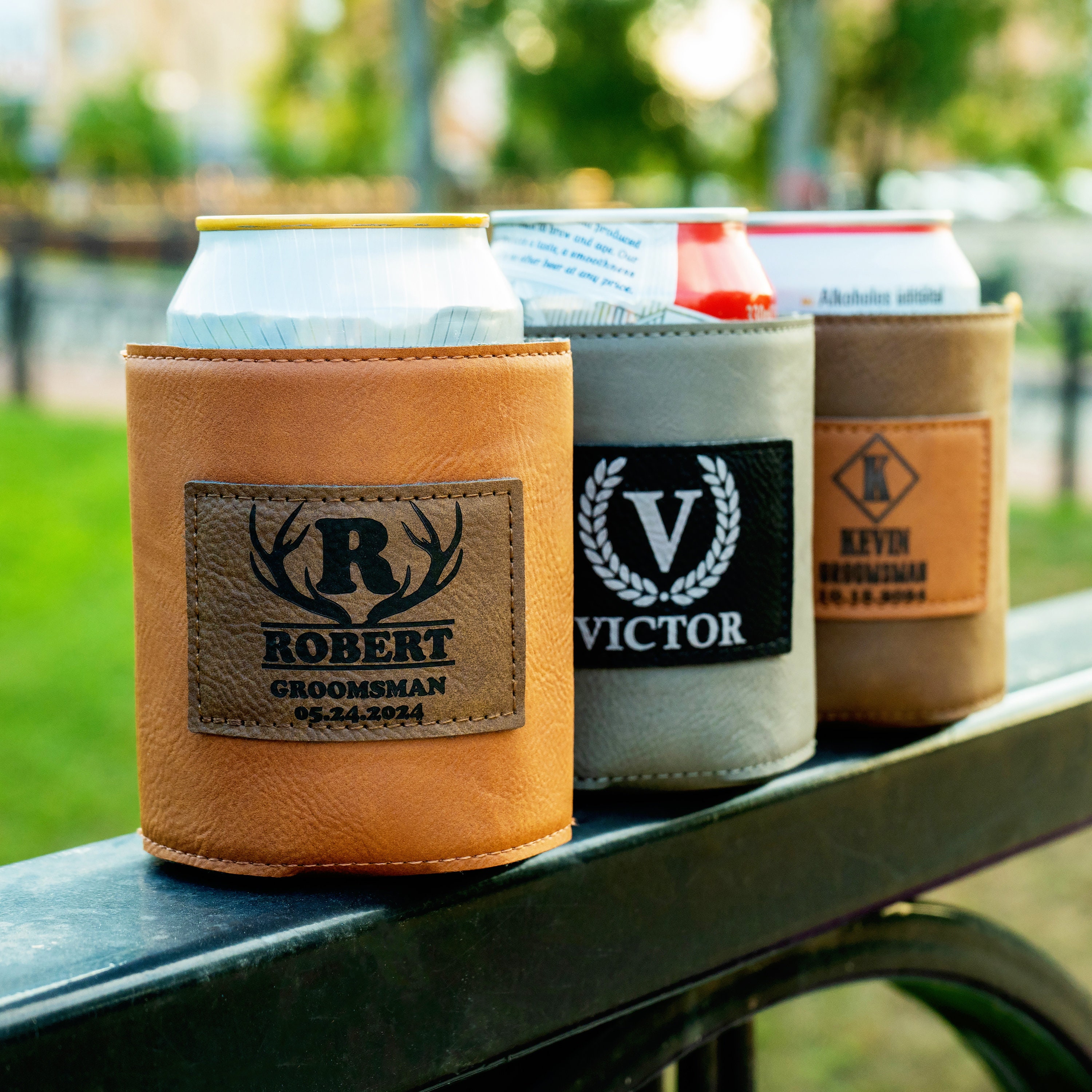 Custom Engraved Leather Can Coolers for Groomsmen gift, Wedding Party Favors, Personalized Groomsman Gift, Monogram Can Holders, Beer Holder
