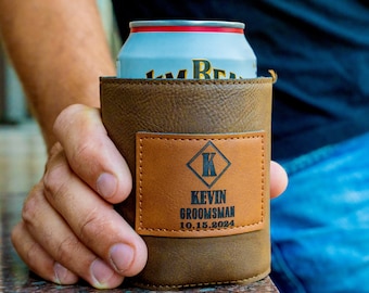 Personalized Vegan Leather Can Cooler: Groomsmen Gift, Bachelor Party Favor