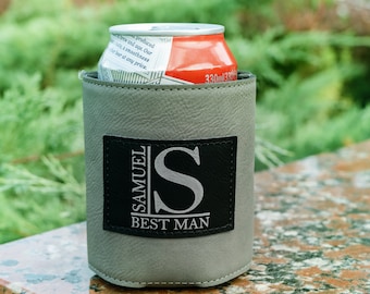 Engraved Leatherette Can Cooler: Personalized Groomsmen Wedding Favor