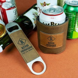 Groomsmen Can Cooler and Bottle Opener, Groomsman Gift, Bachelor Party Favors, Beer Can Holder, Personalized Groomsmen Gifts, Man Gifts