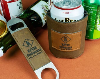 Groomsmen Can Cooler and Bottle Opener, Groomsman Gift, Bachelor Party Favors, Beer Can Holder, Personalized Groomsmen Gifts, Man Gifts