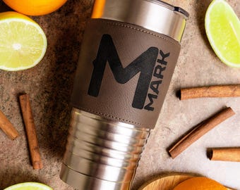 Engraved Leather Tumbler: Personalized 20 Oz Travel Mug, Groomsman Gift