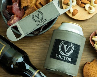 Personalized Groomsman Gif Set, Leather Coozie and Bottle Opener, Unique Bachelor Party Gifts, Customized Beer Opener, Wedding Can Holder